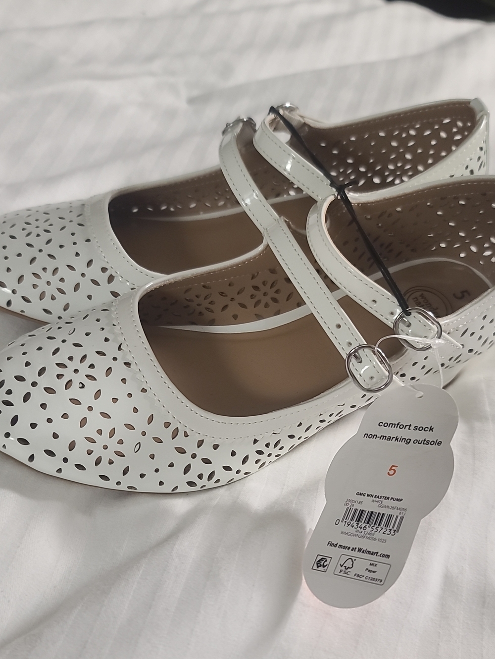 Big Girls White Laser-Cut Mary Jane Flats with Double Strap